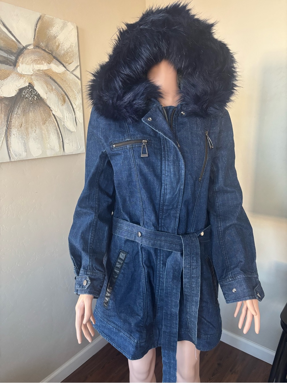 Animale Navy Blue Denim Trench Coat with Faux Fur Hood